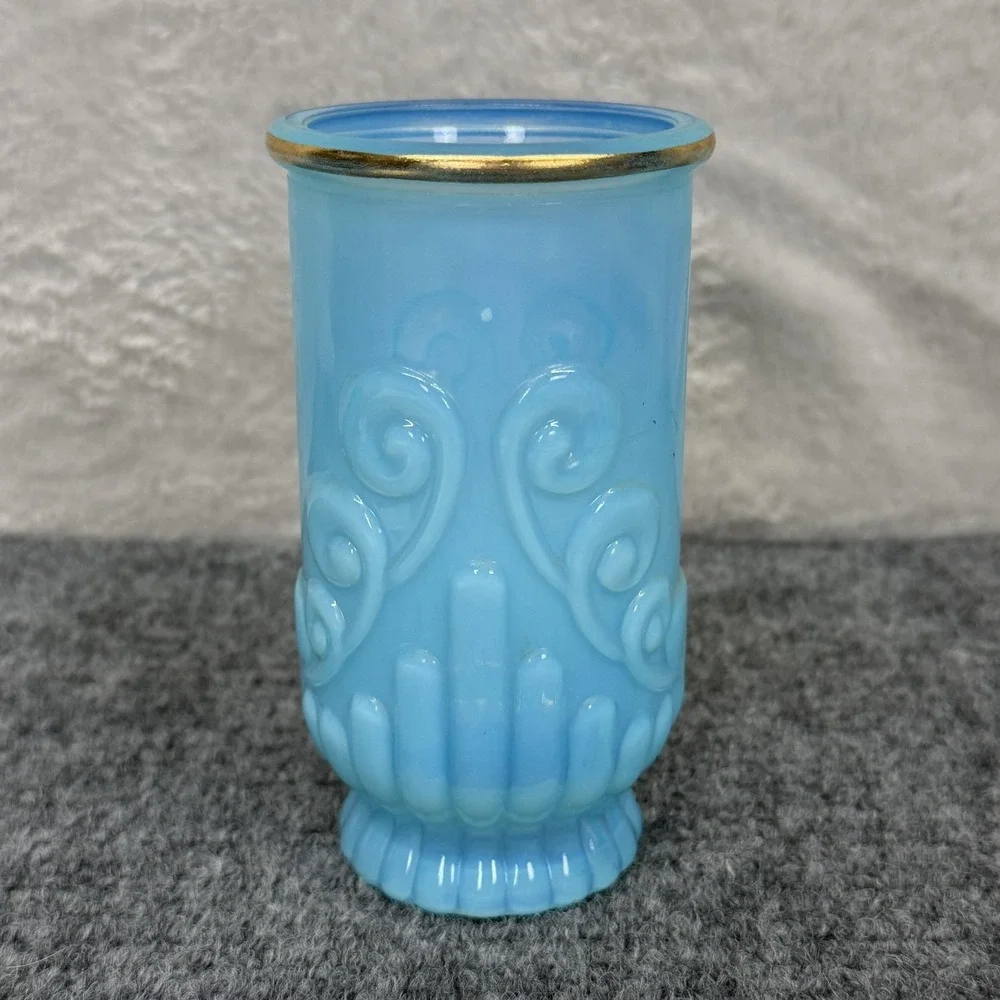 VTG Avon Bristol Blue Opaque Glass Vase 4 3/4 In Scroll Pattern Gold Rim Decor
